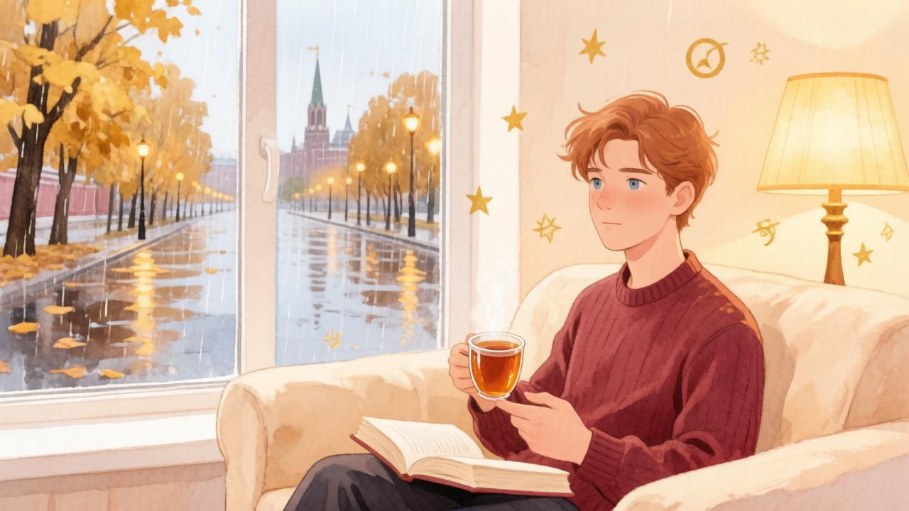 Воскресный вечер с чашкой чая и книгой на фоне дождливого окна — иллюстрация к гороскопу на день отдыха